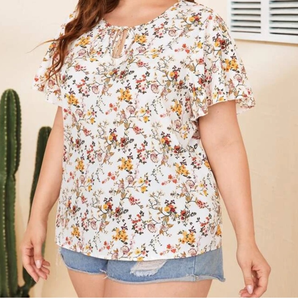 💐Floral Tie Neck Butterfly Sleeve Blouse 💐